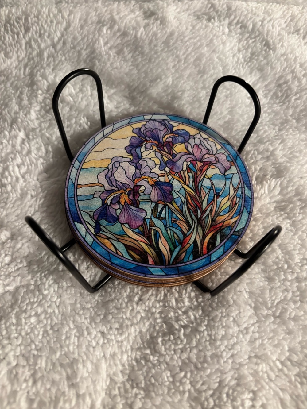 Floral Iris Stained-Glass Style Coasters - Blue & Purple